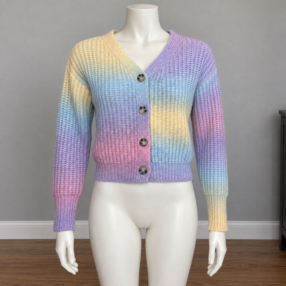 Jessica Simpson Women XS Pastel Rainbow Ombré Cropped Cardigan Chunky Knit Y2K